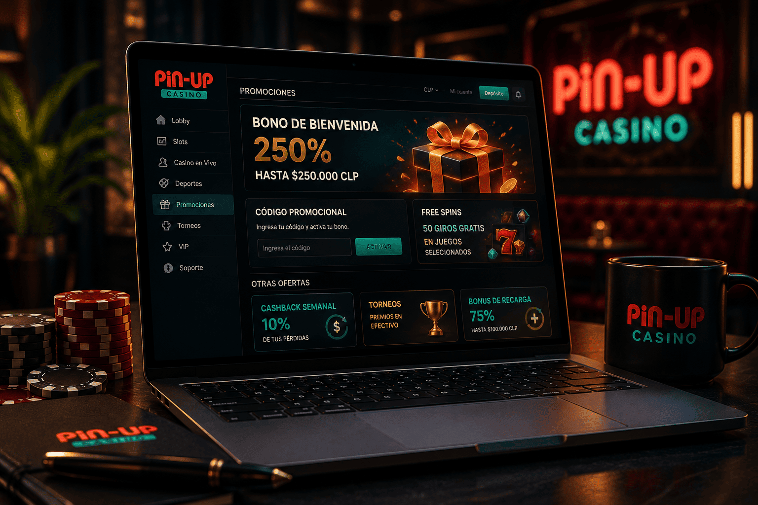 Página de promociones de casino online con bonos, giros gratis y cashback